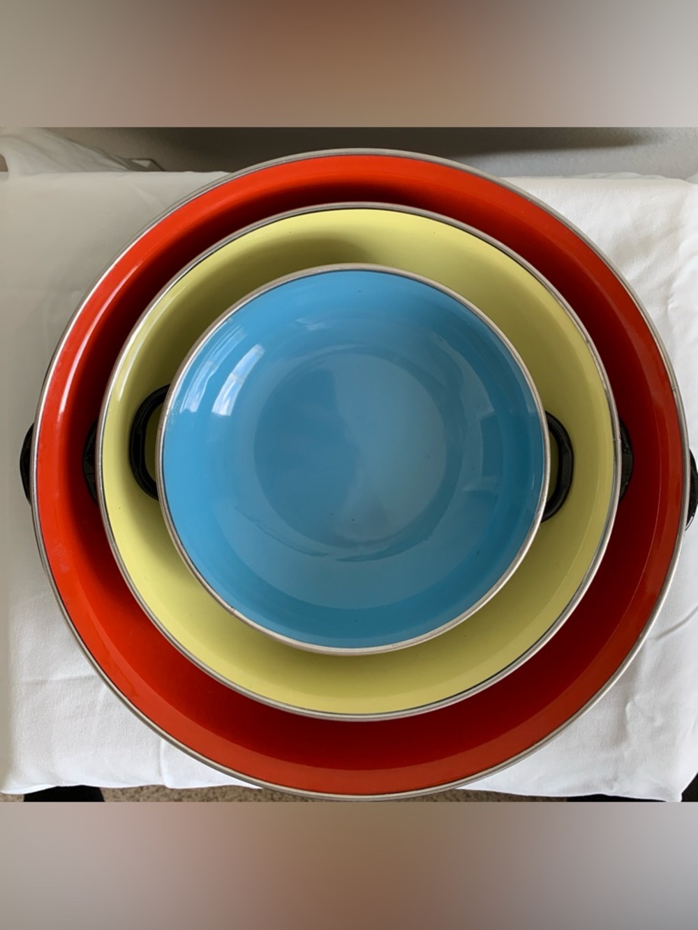 Vintage Emo Celje Yugoslavian Enamel Skillet Saute Set of 3 Nesting Pans VG